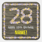 28誕生日:フローラ番号フェイク、木目、名前 スクエアシール (正面)