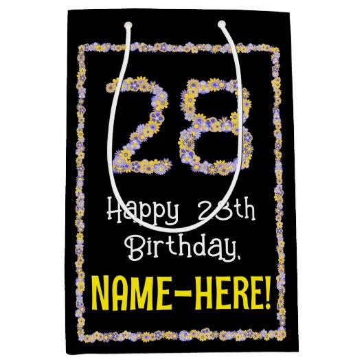 28誕生日:フローラ花数名前をカスタムする ミディアムペーパーバッグ (正面)