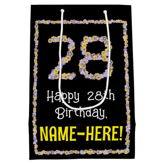28誕生日:フローラ花数名前をカスタムする ミディアムペーパーバッグ (裏面)