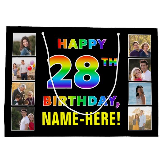 28誕生日:レインボー文字カスタム、写真&名前 ラージペーパーバッグ (裏面)
