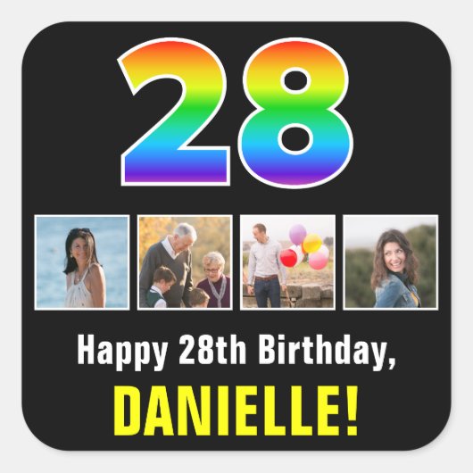 28誕生日:レインボー「28」、写真カスタムと名前 スクエアシール (正面)