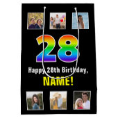 28誕生日：レインボー「28」、写真カスタムと名前 ミディアムペーパーバッグ (裏面)