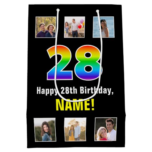 28誕生日：レインボー「28」、写真カスタムと名前 ミディアムペーパーバッグ (裏面)