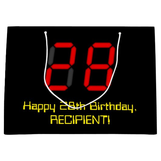 28誕生日:レッドデジタルクロックスタイル"28" +名前 ラージペーパーバッグ (正面)