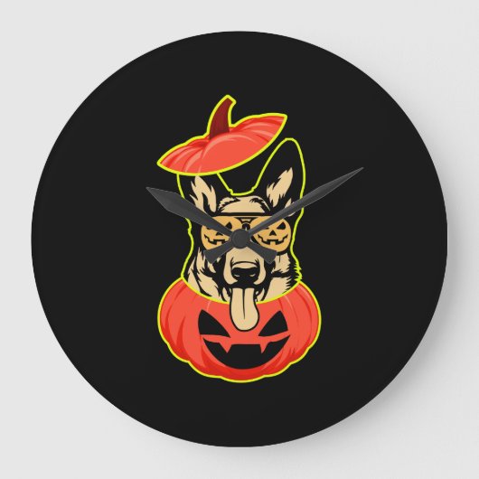 28 German Shepherd In Scary Pumpkin Shirt Funny Cu ラージ壁時計 (正面)