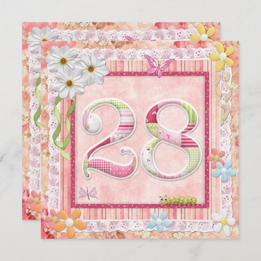 28th誕生日パーティースクラップブック作りスタイル 招待状 (正面/裏面)