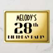 28th誕生日パーティー:アールデコの外観"28"と名前 箔招待状 (正面)