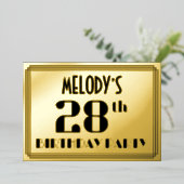 28th誕生日パーティー:アールデコの外観"28"と名前 箔招待状 (立ち正面)