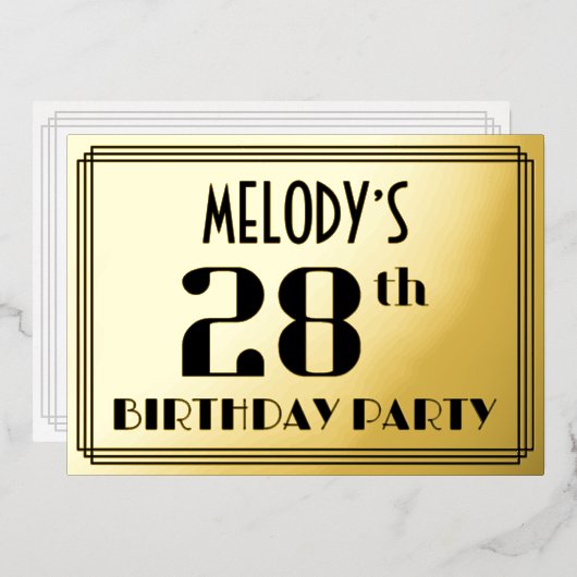 28th誕生日パーティー:アールデコの外観"28"と名前 箔招待状 (正面/裏面)