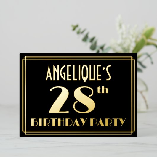28th誕生日パーティー:アールデコを見る"28"、名前と 箔招待状 (立ち正面)
