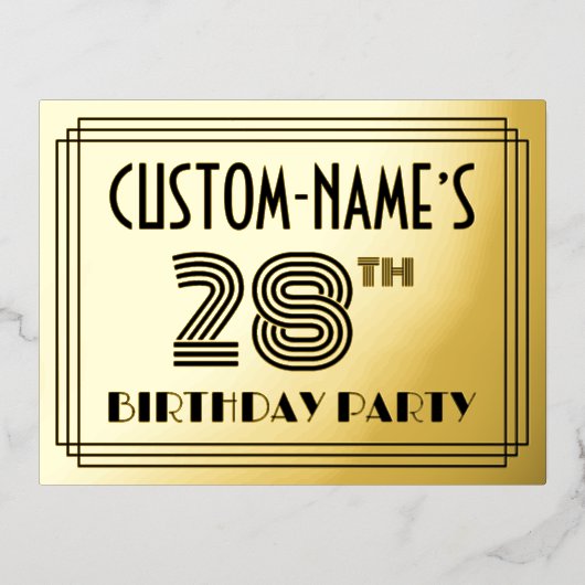 28th誕生日パーティー~アールデコスタイル"28" +名前 箔招待状ポストカード (正面)