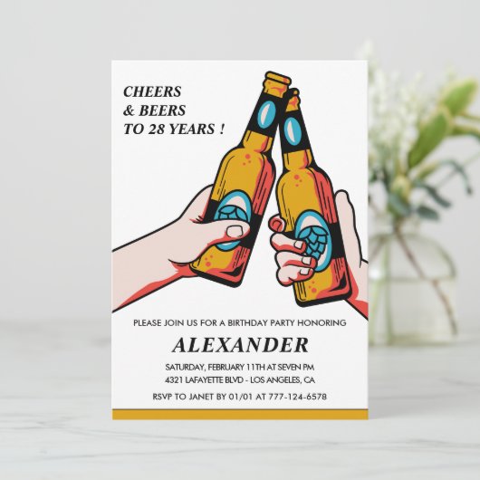 28th birthday invitations Cheers and Beers Men 招待状 (スタンド正面)