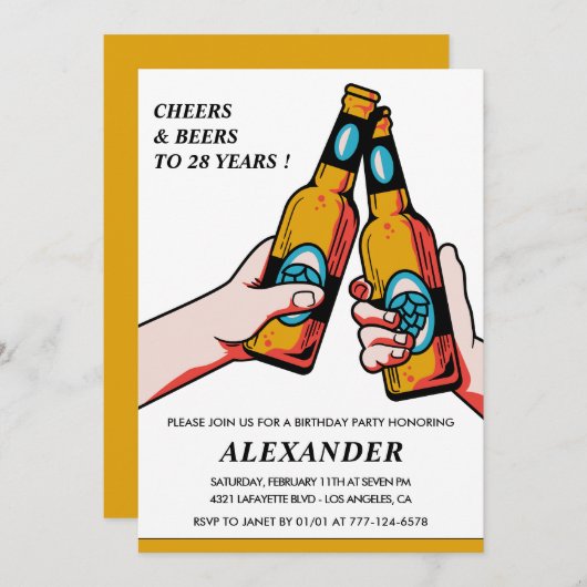 28th birthday invitations Cheers and Beers Men 招待状 (正面/裏面)