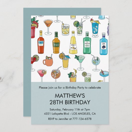 28th birthday invitations Cocktail Contemporary 招待状 (正面/裏面)