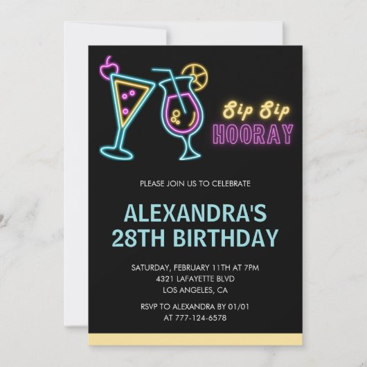 28th birthday invitations Cocktail Neon Glow 招待状 (正面)