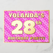 28th Birthday Party —おもしろいピンクのハートとストライプ 箔招待状 (正面)