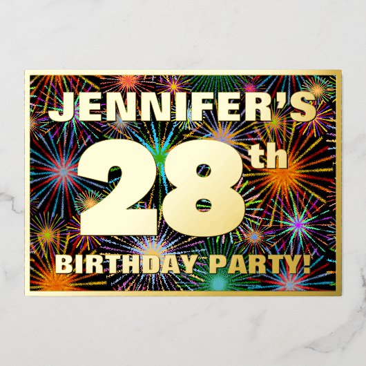 28th Birthday Party —おもしろい、カラフルFireworks Look 箔招待状 (正面)