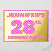 28th Birthday Party —はっきりした、おもしろい、ピンクストライプ色28 箔招待状 (正面)