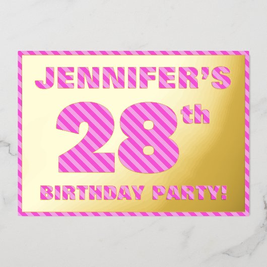 28th Birthday Party —はっきりした、おもしろい、ピンクストライプ色28 箔招待状 (正面)