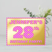 28th Birthday Party —はっきりした、おもしろい、ピンクストライプ色28 箔招待状 (立ち正面)