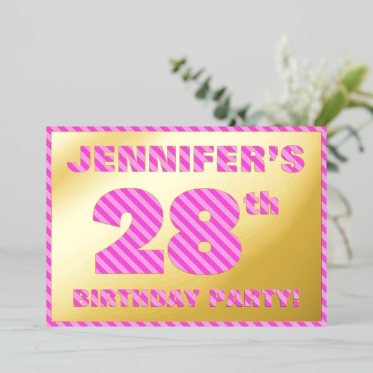 28th Birthday Party —はっきりした、おもしろい、ピンクストライプ色28 箔招待状 (立ち正面)