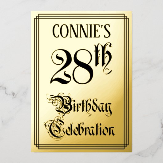 28th Birthday Party – スクリプエレガントト+名前をカスタムする 箔招待状 (正面)