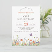 29歳の誕生日おめでとう Wildflower Pink Purple Garden Party 招待状 (スタンド正面)