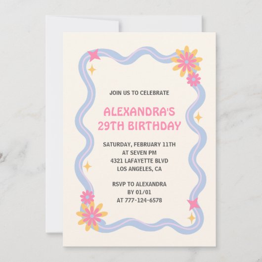 29歳の誕生日の招待レトロGroovyピンクの花 招待状 (正面)