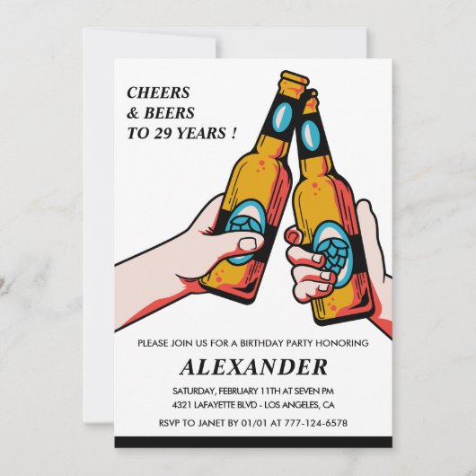 29歳の誕生日パーティーの招待状 Cheers and Beers メンズ 招待状 (正面)