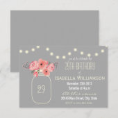 29歳の誕生日 ピンクの水彩花とメイソンジャー 招待状 (正面/裏面)