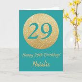 29番目の誕生日ティール(緑がかった色)と金ゴールドグリッターカード カード (黄色い花)