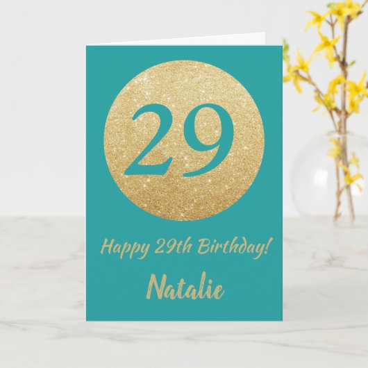 29番目の誕生日ティール（緑がかった色）と金ゴールドグリッターカード カード (黄色い花)