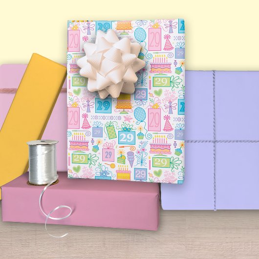 29誕生日パステルピンクケーキプレゼントバルーン ラッピングペーパーシート
