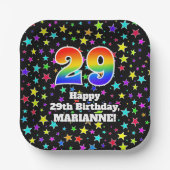 29誕生日:おもしろいスター柄と虹"29" ペーパープレート (正面)