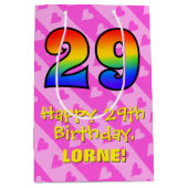 29誕生日:おもしろいピンクのハートストライプ; Rainbow 29 ミディアムペーパーバッグ (正面)