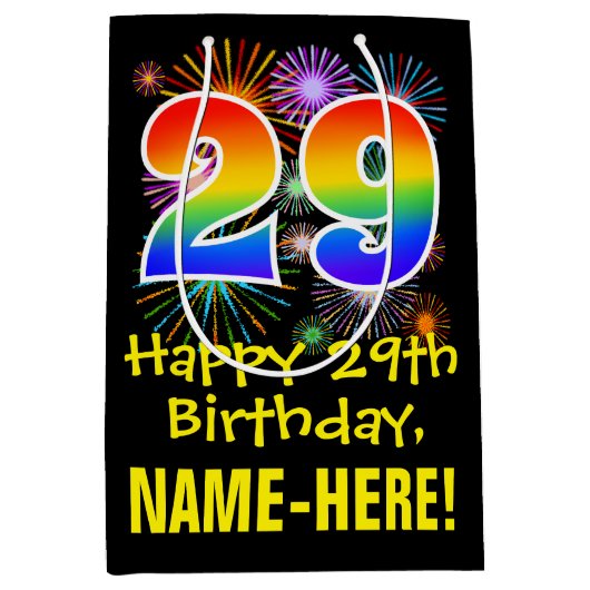 29誕生日:おもしろい花火パターン+虹29 ミディアムペーパーバッグ (正面)