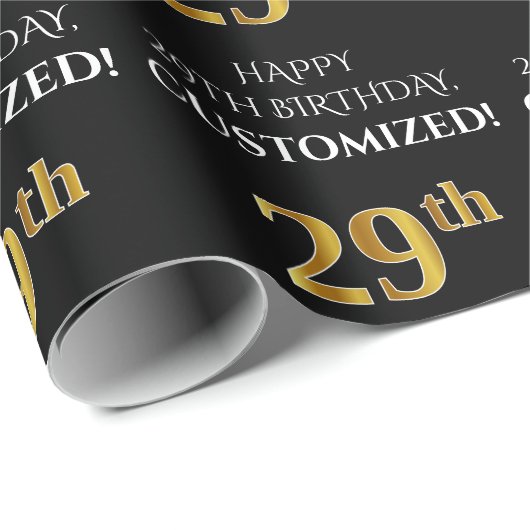 29誕生日:エレガント、ブラック、フェイク金ゴールド ラッピングペーパー (ロールコーナー)