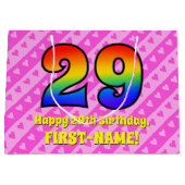 29誕生日:ピンクストライプのハート、レインボー# 29 ラージペーパーバッグ (正面)