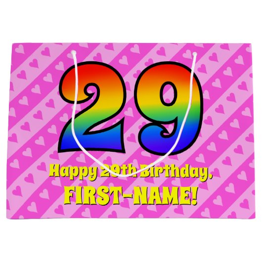 29誕生日:ピンクストライプのハート、レインボー# 29 ラージペーパーバッグ (正面)