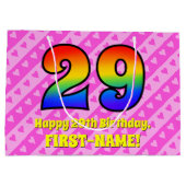 29誕生日:ピンクストライプのハート、レインボー# 29 ラージペーパーバッグ (裏面)