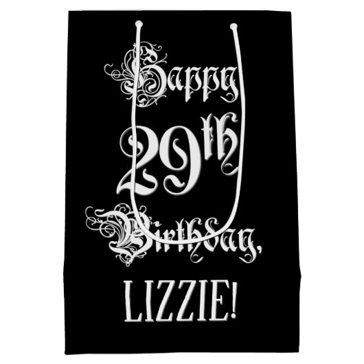 29誕生日:、ファンシースクリプエレガントト+名前をカスタムする ミディアムペーパーバッグ (裏面)