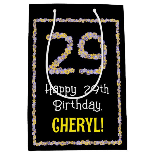 29誕生日:フローラ花数名前をカスタムする ミディアムペーパーバッグ (正面)