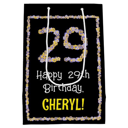 29誕生日:フローラ花数名前をカスタムする ミディアムペーパーバッグ (裏面)