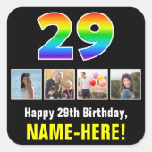 29誕生日:レインボー「29」、写真カスタムと名前 スクエアシール (正面)