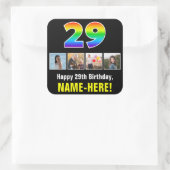 29誕生日:レインボー「29」、写真カスタムと名前 スクエアシール (バッグ)