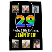 29誕生日:レインボー「29」、写真カスタムと名前 ミディアムペーパーバッグ (正面)