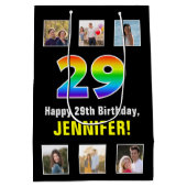 29誕生日:レインボー「29」、写真カスタムと名前 ミディアムペーパーバッグ (裏面)