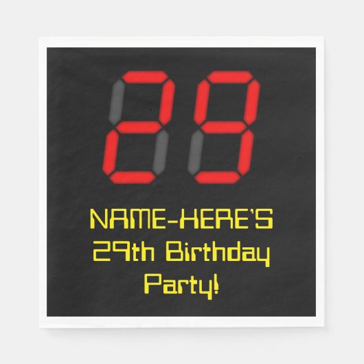 29誕生日：レッドデジタルクロックスタイル"29" +名前 スタンダードランチョンナプキン (正面)