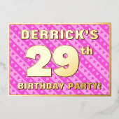 29th Birthday Party —おもしろいピンクのハートとストライプ 箔招待状 (正面)