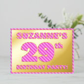 29th Birthday Party —はっきりした、おもしろい、ピンクストライプ色29 箔招待状 (立ち正面)